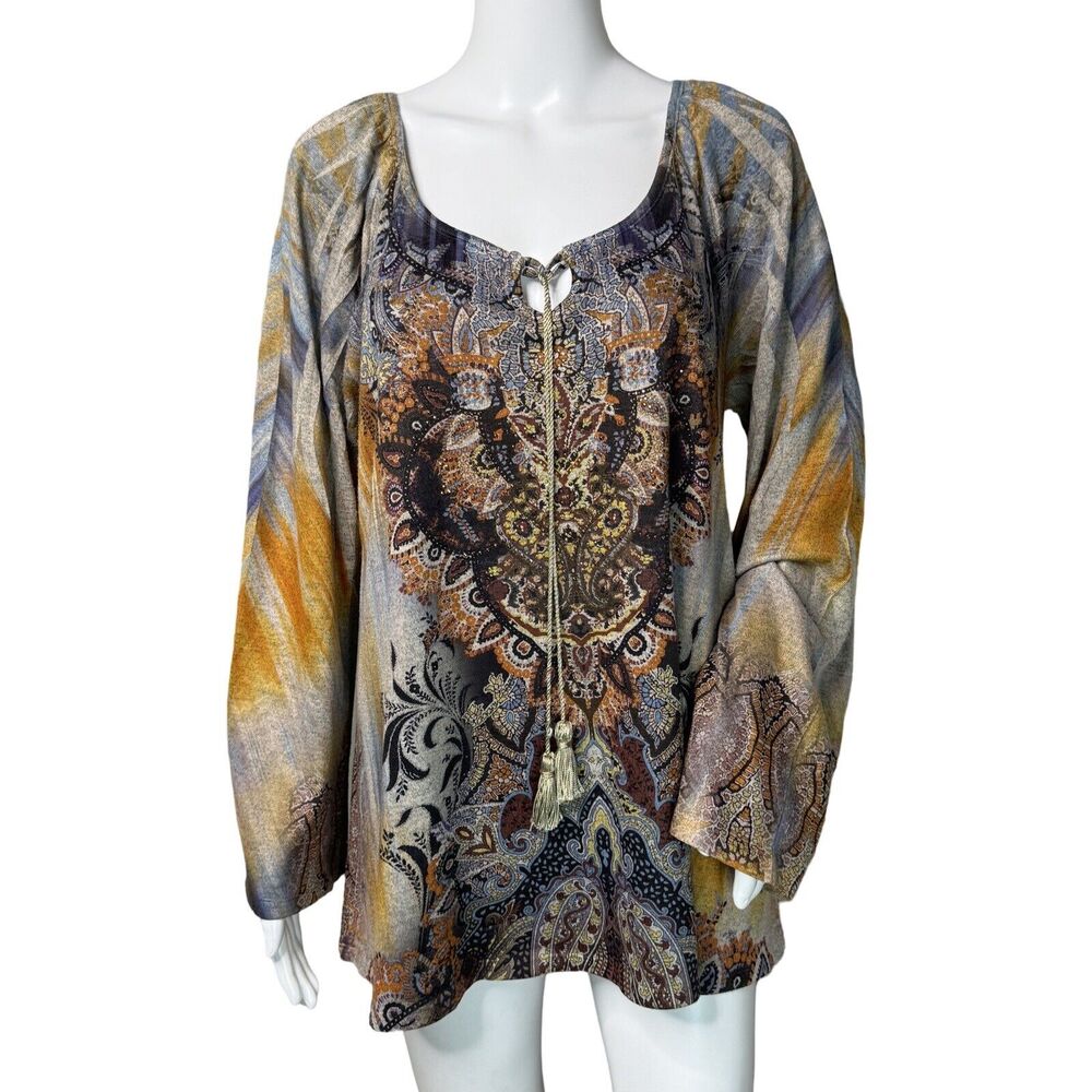 World Unity Shirt Womens Large Blue Yellow Sublimation Tee Colorful Art Bohemian